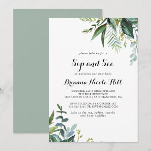 Convites Greenery Tropical Modern Calligraphy Sip and See