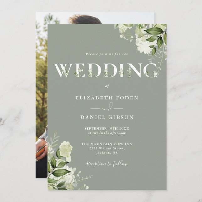Convites Greenery Typografia Foto Sage Green Wedding (Frente/Verso)