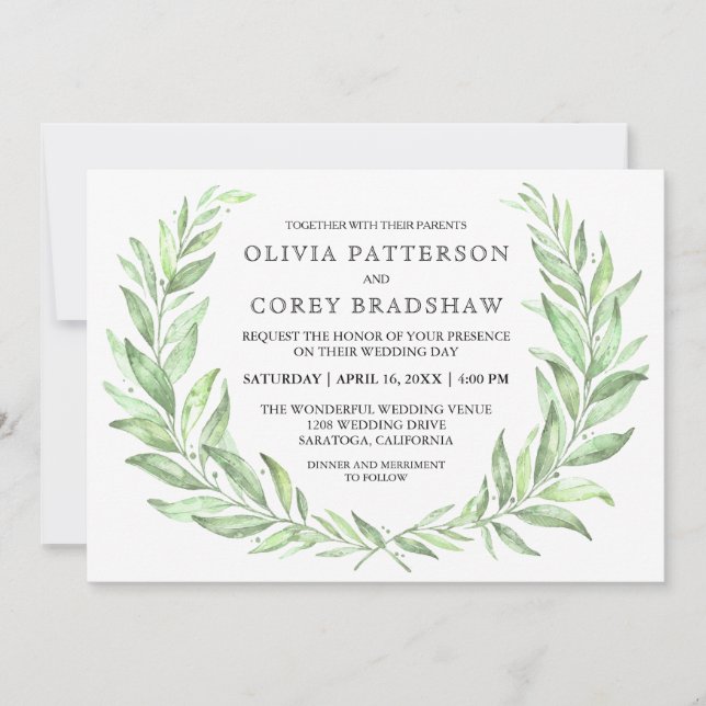 Convites Greenery Watercolor Laurel Wreath Wedding (Frente)