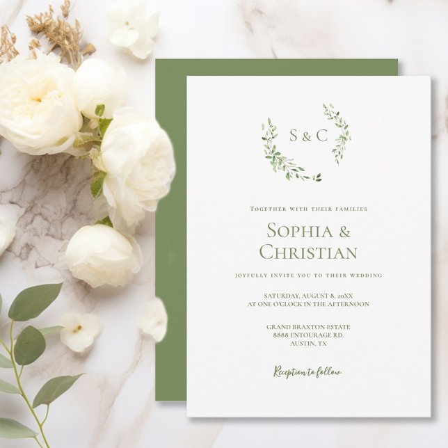Convites Greenery Watercolor Wreath Folha Monograma Casamen (Green white wedding monogram crest invitation.)