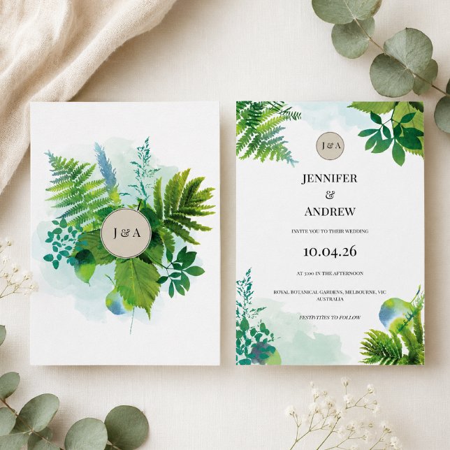 Convites Greenery Wedding Invitation Botanical Watercolor (Criador carregado)