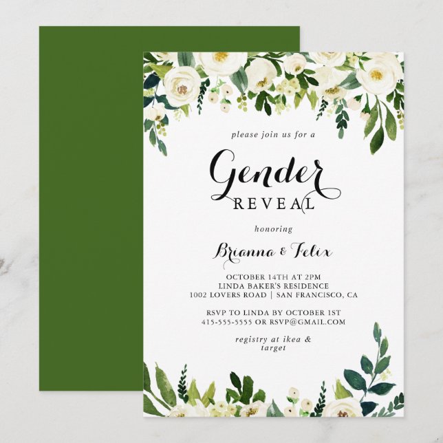 Convites Greenery White Autumn Floral Gender Revement Party (Frente/Verso)