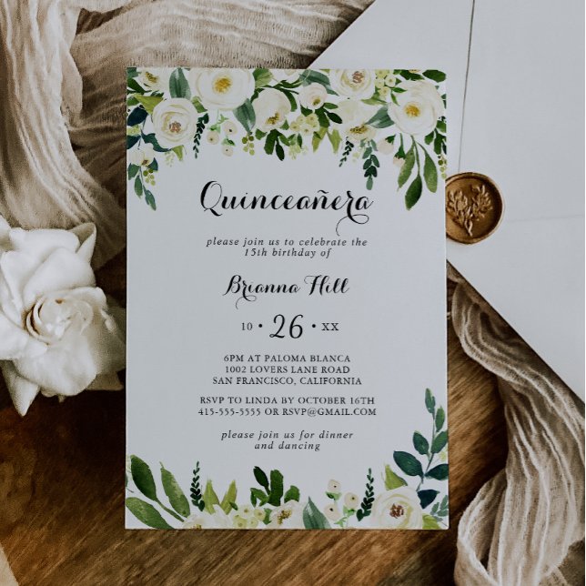 Convites Greenery White Autumn Floral Quinceañera (Criador carregado)