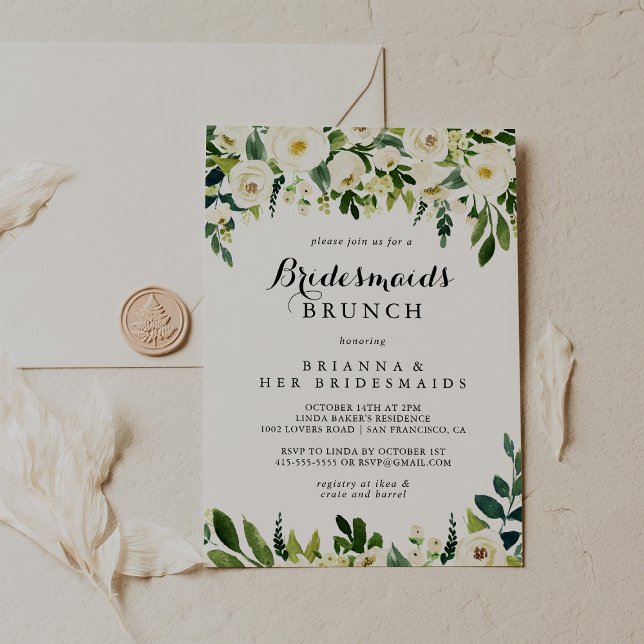 Convites Greenery White Floral Bridesmaids Brunch Chá (Criador carregado)