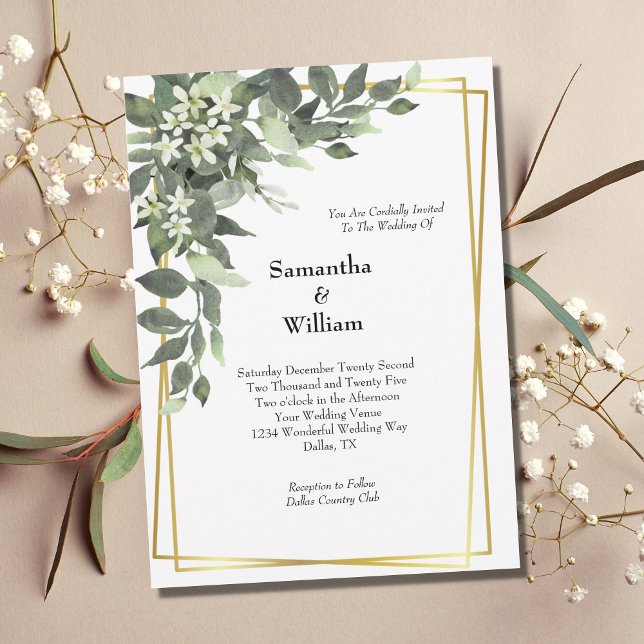 Convites Greenery White Flowers Frame Dourado Casamento Mod (Criador carregado)