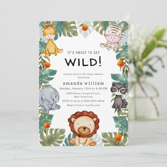 Convites Greenery Wild Forest Sarafi Animals Baby Shower (Em pé/Frente)