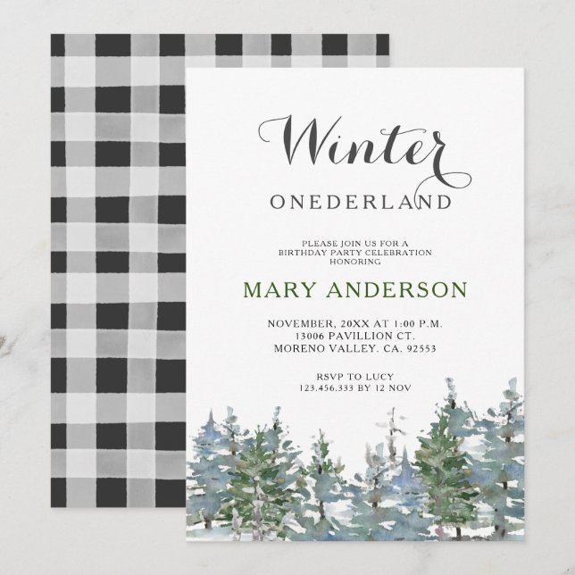 Convites Greenery Winter Onederland aniversário (Frente/Verso)