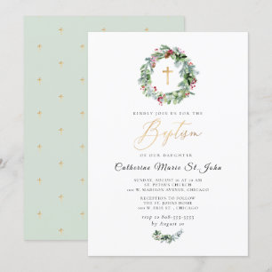 Convites Greenery Winter Wreath Faux Dourado Baptism
