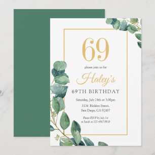 Convites Greenery Wreath Chic Dourado e Sage 69º Aniversári