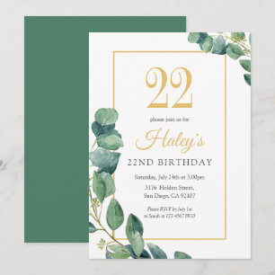 Convites Greenery Wreath Chic Dourado & Sage 22º Aniversári