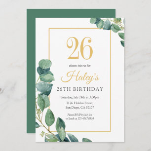 Convites Greenery Wreath Chic Dourado & Sage 26º aniversári