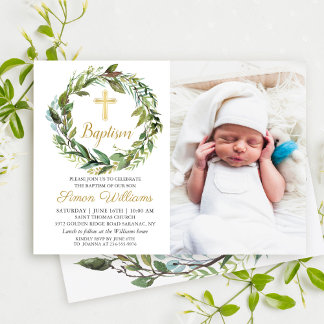 Convites Greenery Wreath Dourado Cross Boy Foto de Batismo