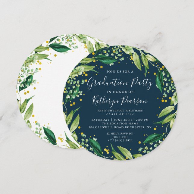 Convites Greenery Wreath Dourado Marinho Azul Graduação (Frente/Verso)