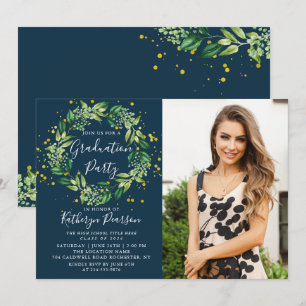 Convites Greenery Wreath Dourado Marinho Blue Graduação F