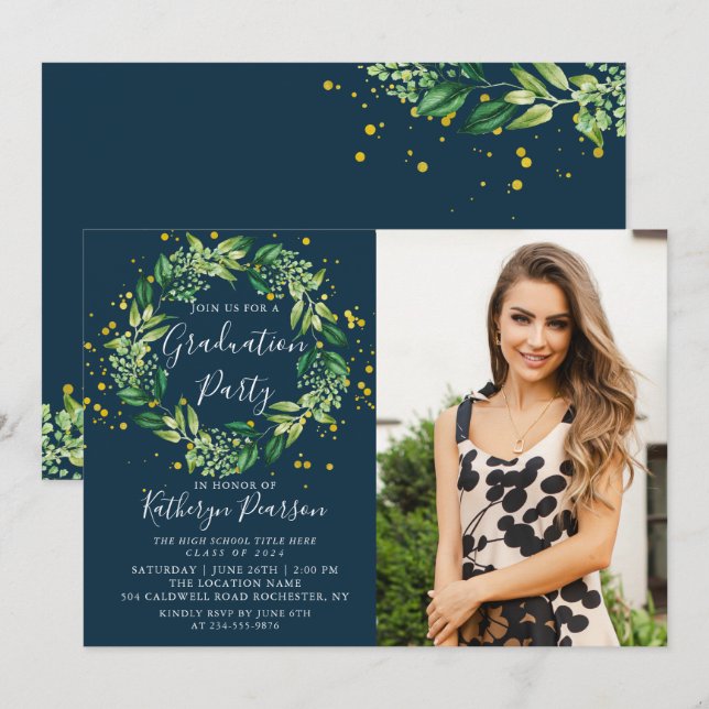 Convites Greenery Wreath Dourado Marinho Blue Graduação Fot (Frente/Verso)