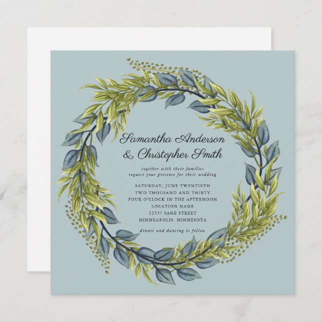 Convites Greenery Wreath Green e Dark Teal Wedding (Frente/Verso)