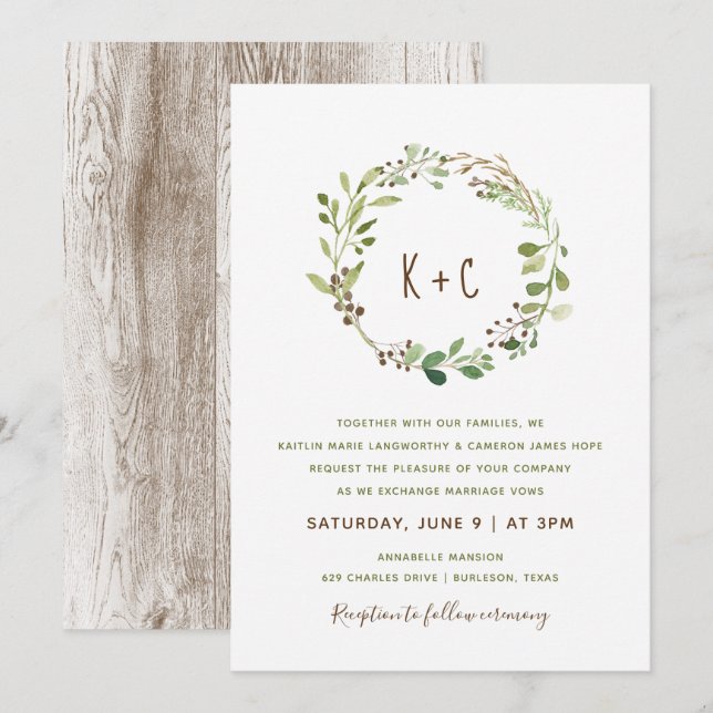 Convites Greenery Wreath Wedments - Brown (Frente/Verso)