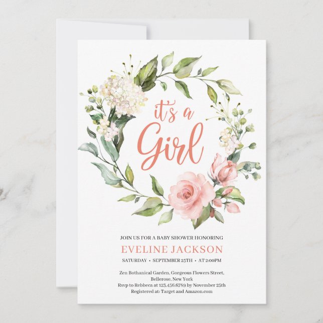 Convites Greeney e blush floral é uma menina (Frente)