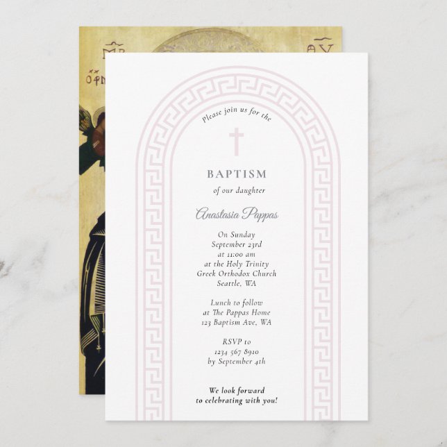 Convites Grego Ortodoxo Natal Batismo Rosa Chave Grega (Frente/Verso)