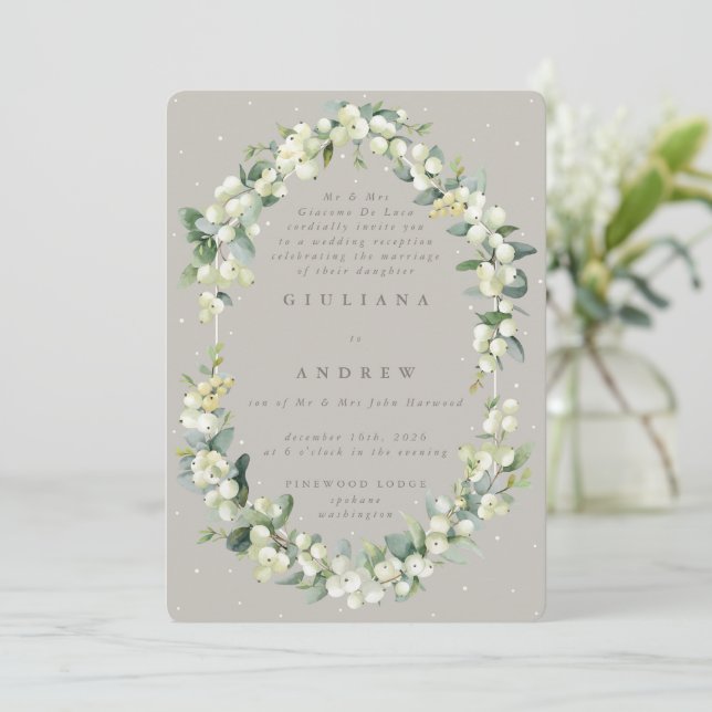Convites Greige Snowberry + Eucalipto Recepção de Casamento (Em pé/Frente)