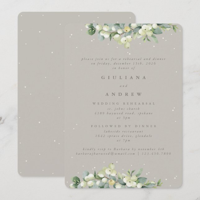 Convites Greige Snowberry+Eucalyptus - Ensaio de Casamento (Frente/Verso)
