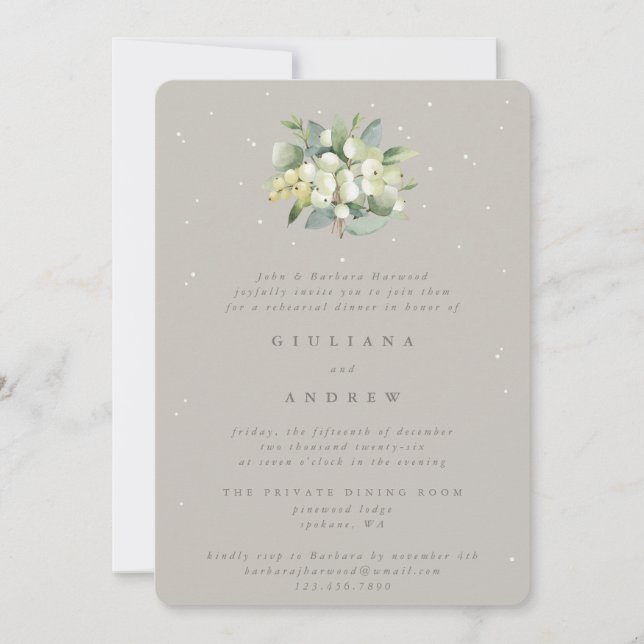 Convites Greige Snowberry+Eucalyptus - Ensaio de Casamento (Frente)