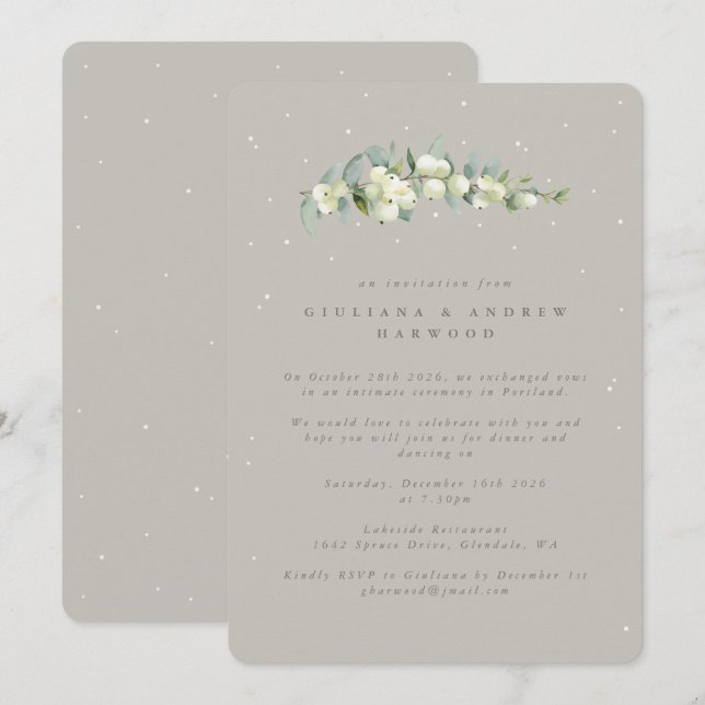 Convites Greige Snowberry+Eucalyptus Recepção de casamento (Frente/Verso)