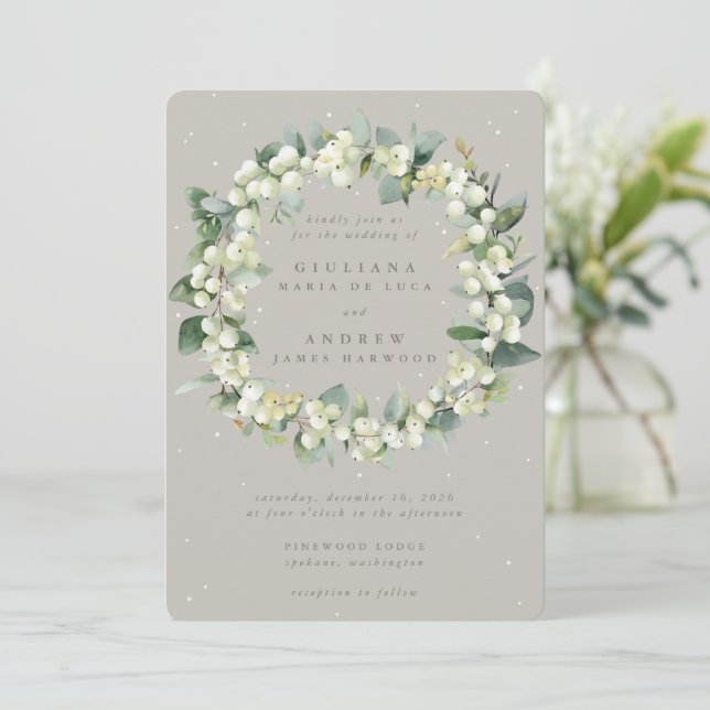Convites Greige Snowberry+Eucalyptus Wreath Casamento no in (Em pé/Frente)