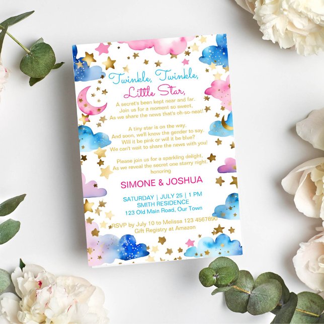 Convites Grelha brilha pequeno gênero estrela revela poema (Twinkle twinkle little star poem gender reveal party template invitation instant download pink blue)