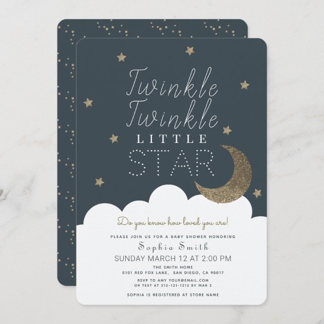 Convites Grelha Brilhante Pequena Estrela Marinho Chá de fr (Frente/Verso)