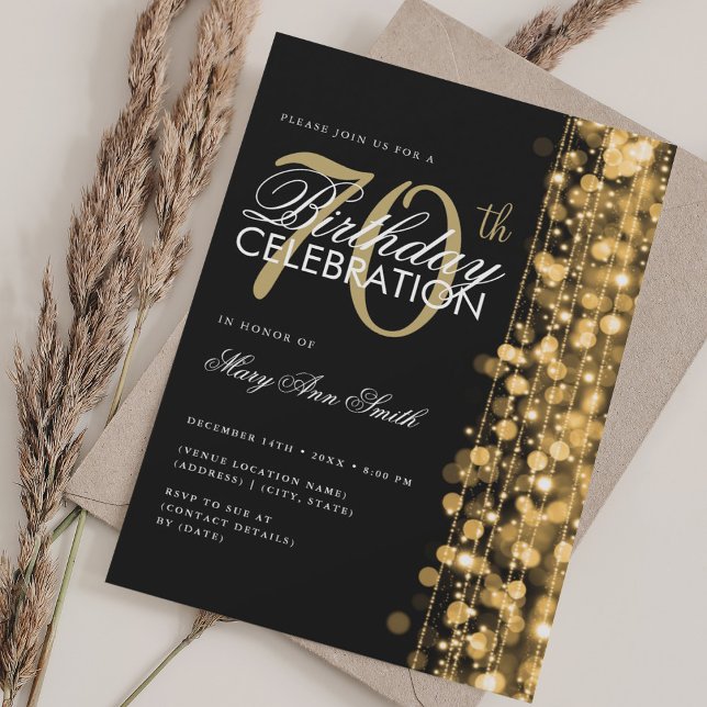 Convites Grelha de Aniversário do 70 Elegante brilha Dourad (Elegant 70th Birthday Glam Sparkles Gold & Black Invitation)