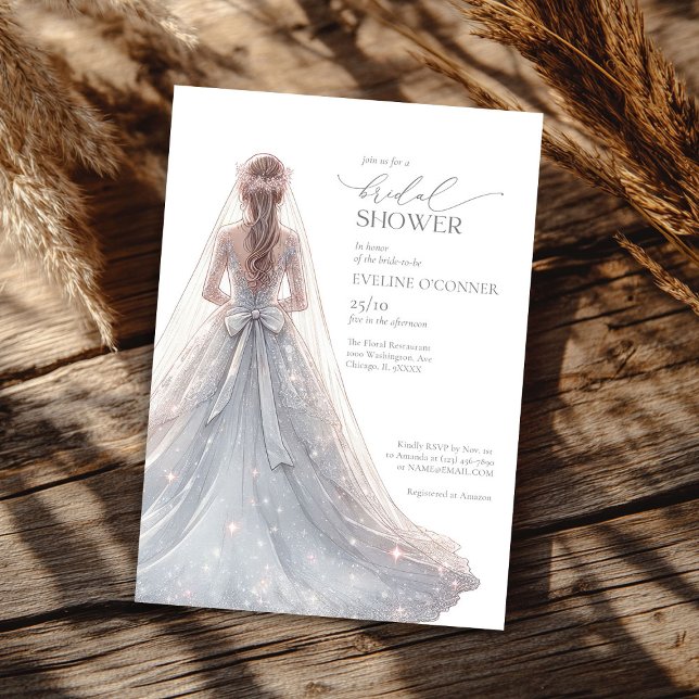 Convites Grelha de prata picante faíscas de vestido (Chic silver glitter wedding gown sparkles invitation)