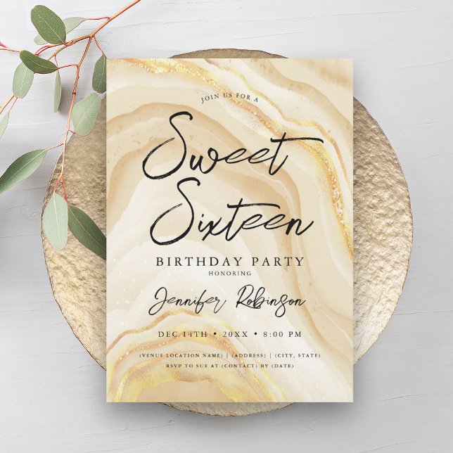 Convites Grelha Glica Glitter Dourada Elegante Glam Sweet 1 (Elegant Gold Glitter Chic Marble Glam Sweet 16 Invitation)