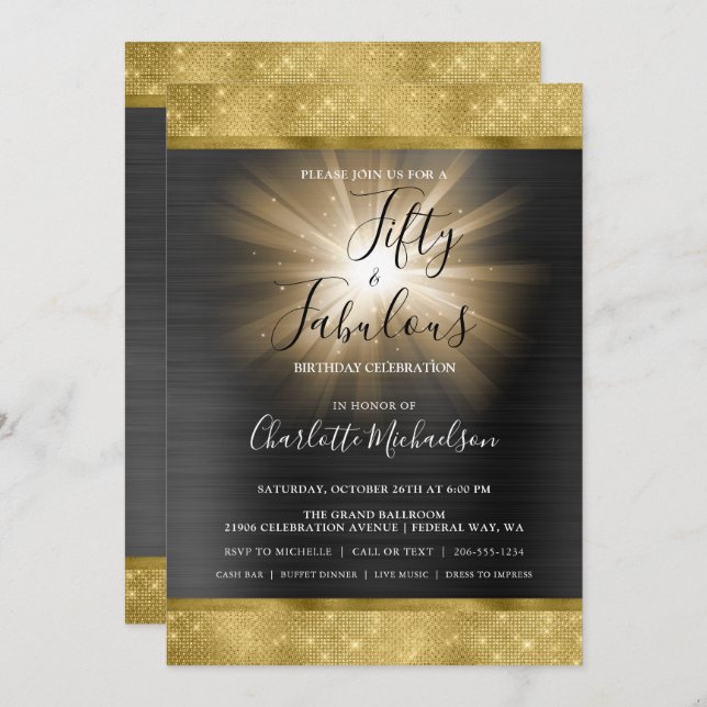 Convites Grelha Grelha Preta Dourada Cinquenta e Fabuloso A (Frente/Verso)