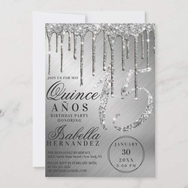 Convites Grelha Silver Glitter Metálico Cola Quinceañera (Frente)