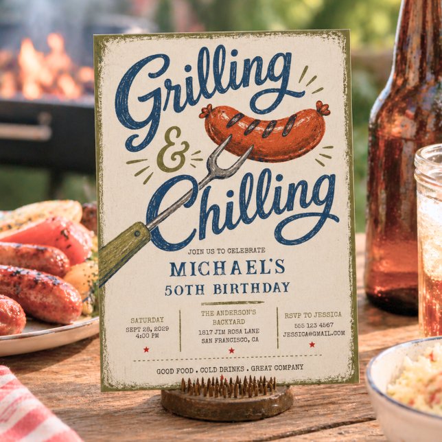 Convites Grelhando e Esfriando Churrasco 50º Aniversário (Grilling & Chilling BBQ 50th Birthday Invitation)