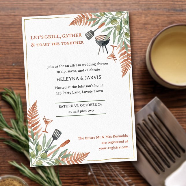 Convites Grelhar Reunir Tostar Martini Chuva de Arroz (Simple Grill & Gather invite - from Couples Shower Invitation collection by Darling & May)