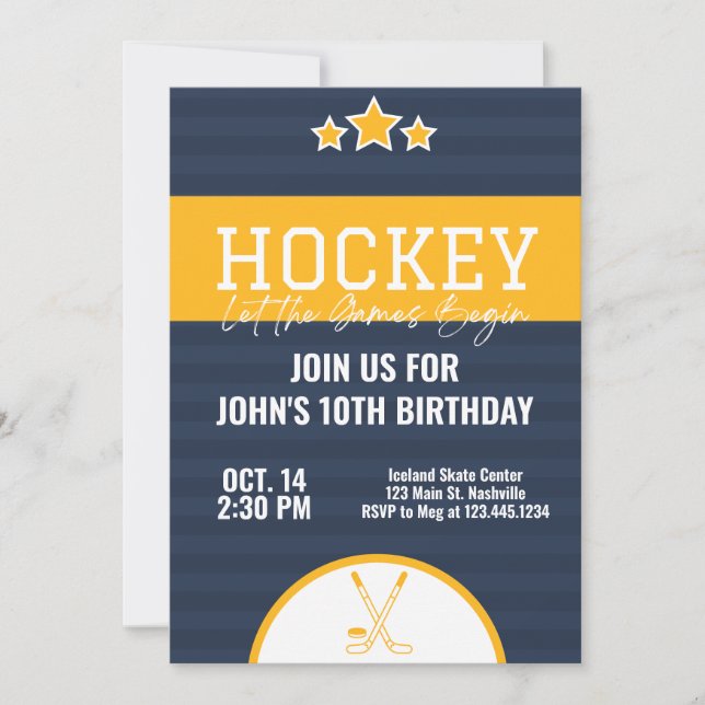 Convites Greve Amarela Azul de Birthday Hockey (Frente)