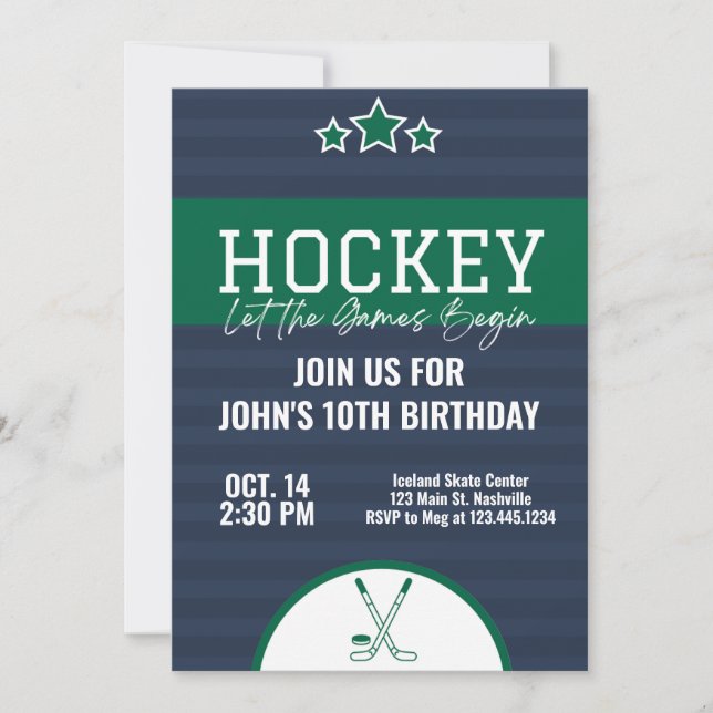 Convites Greve Verde Azul de Birthday Hockey (Frente)