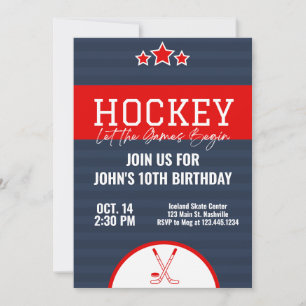 Convites Greve Vermelha Azul de Birthday Hockey
