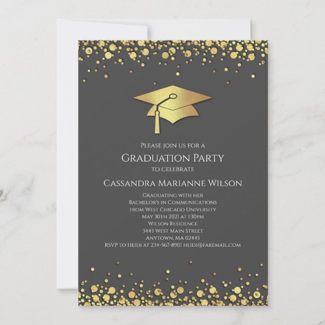 Convites Grey and Gold Graduation (Frente)