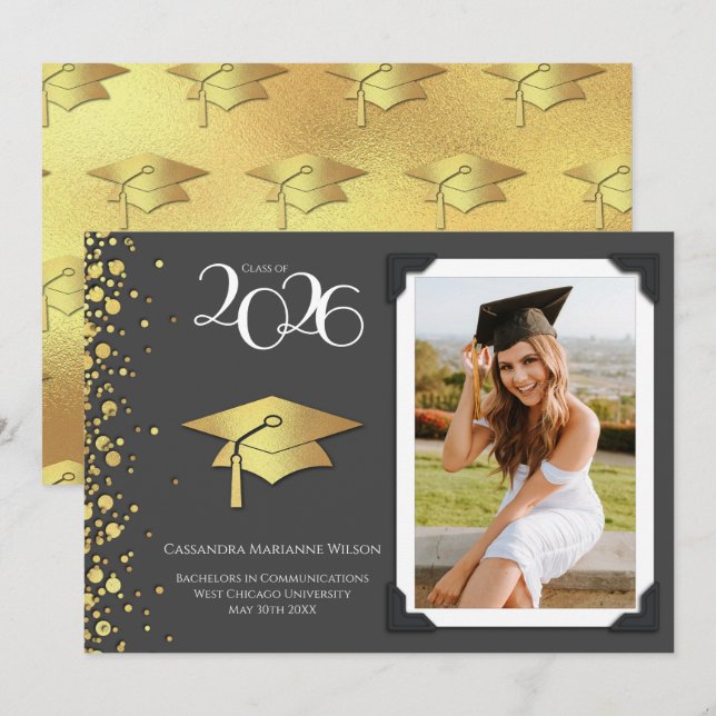 Convites Grey and Gold Graduation Announcement (Frente/Verso)