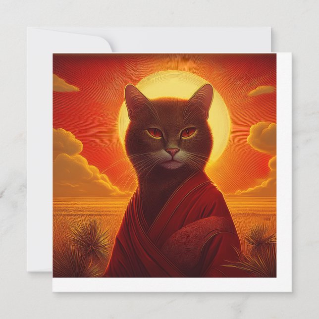 Convites Grey Cat Wearing Fashionable Robe In Sunset Scene (Frente)