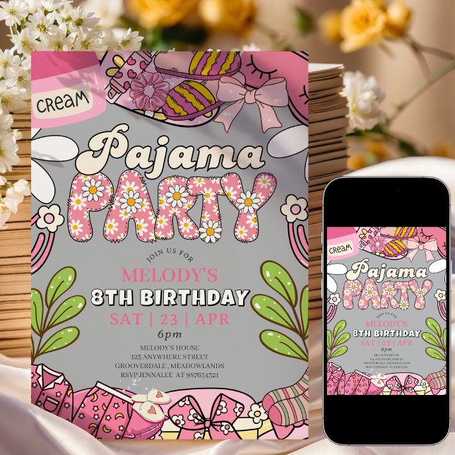 Convites Grey Daisy Pajama Party Birthday Invitation (Criador carregado)