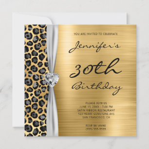 Convites Grey Gold Leopard Foil Fita de Gema para Aniversár