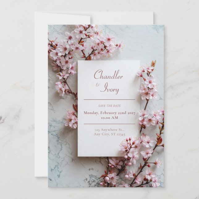 Convites Grey Marble Pink Sakura Botanical Frame Wedding (Frente)