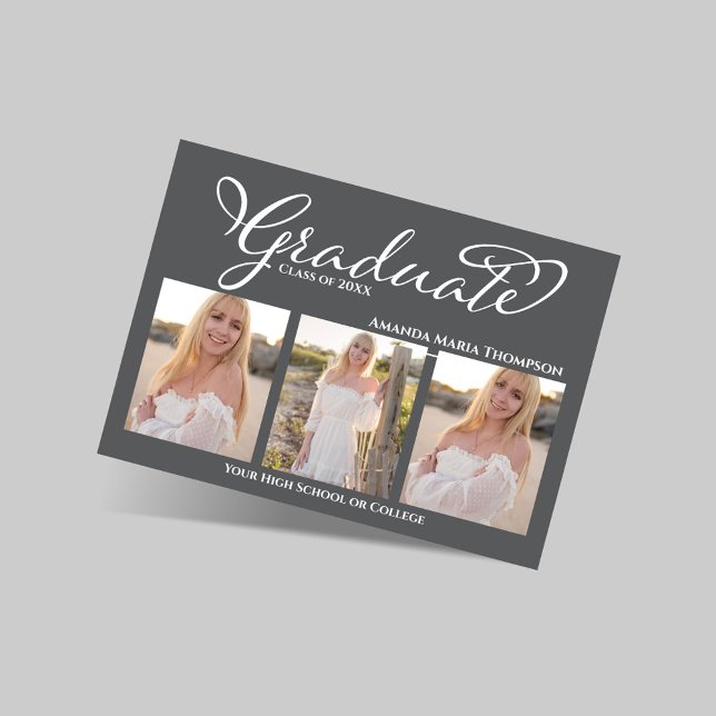 Convites Grey Script 3 Photo Graduation Announcement (Elegant grey three photo graduation announcement with script graduate text and senior portraits.)
