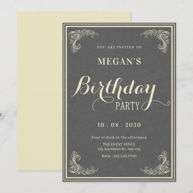 Convites Grey vintage elegant birthday  (Frente/Verso)