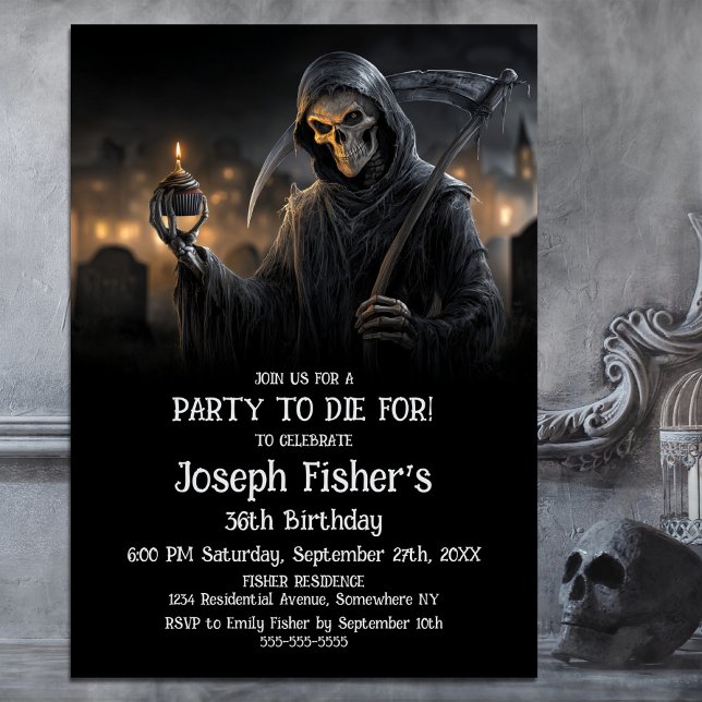 Convites Grim Reaper with Cupcake Birthday Party Invitation (Criador carregado)