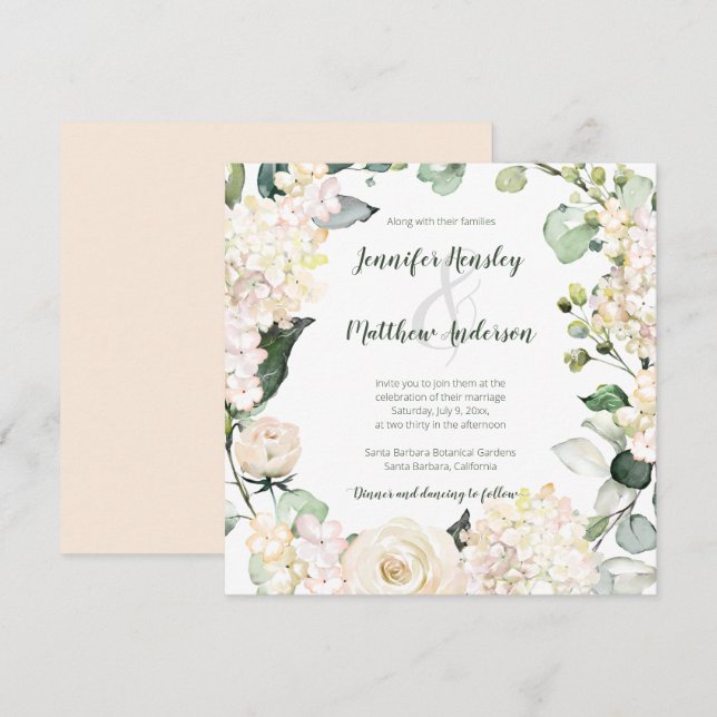 Convites Grinalda de Aquarela Rosa Pálido Branco Creme | (Frente/Verso)